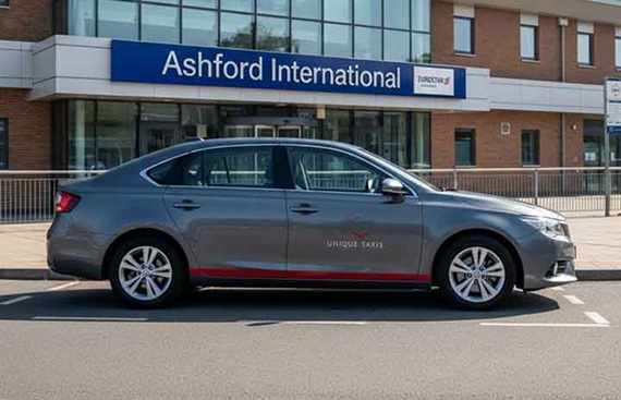 A modern Ashford taxi waiting outside Ashford International Station, offering reliable transfers across Kent by Unique Taxis.