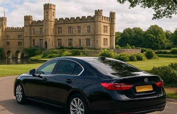 A clean, modern Unique Taxis vehicle parked near a beautiful Kent attraction, symbolizing easy day trips with a reliable ashford taxi service