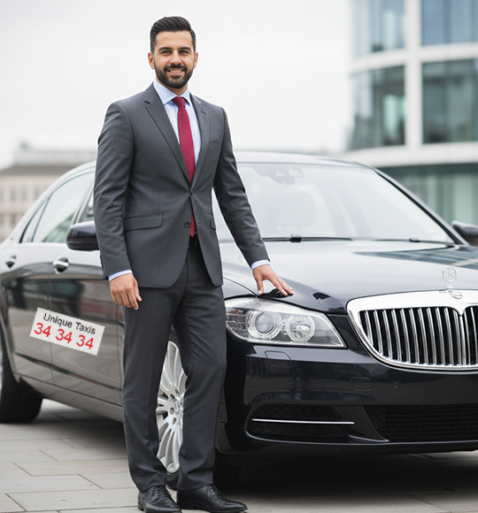 A smart driver with his luxury private hire taxi in Ashford Kent.